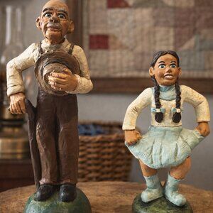 Signed Folk Art Wood Figures Pair Man and Girl Hand Carved J. Schmidt